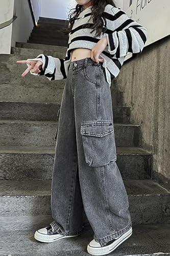 AOWKULAE Girls Jeans Elastic Waist Wide Leg Pants Kids Jeans 4-14 Years - 8-9 Years - B1-gray thumbnail 6