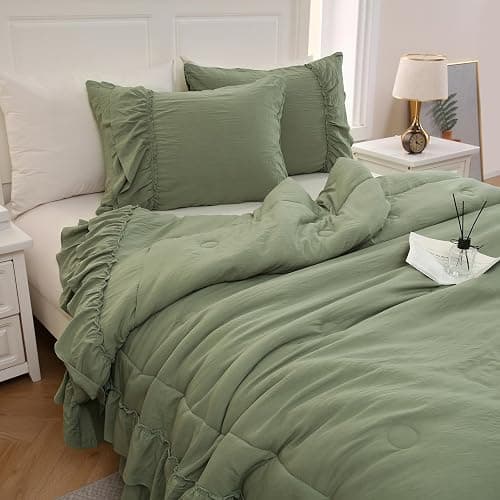 Bedding_Dreamer Sage Green King Size Comforter Set, 3-Piece Shabby Chic Ruffle Bedding, Soft Microfiber Boho Farmhouse Comforter for All Seasons thumbnail 9