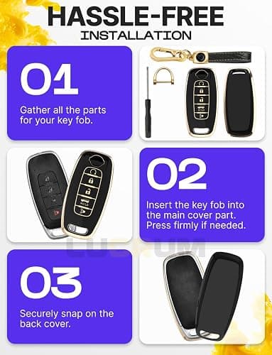 Lucrum Compatible with Nissan Key Fob Cover & Leather Keychain, 5 Buttons Keyfob Case for Pathfinder Rogue Sentra Versa Patrol Armada (2023-2025) - Black and Gold thumbnail 6