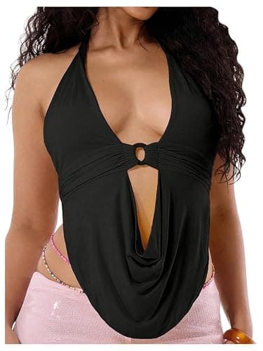 Floerns Women's Y2k Going Out Clubwear Halter Top Tie Backless Draped Cowl Deep V Neck Ring Top Cut Out Party Halter Tops thumbnail 3