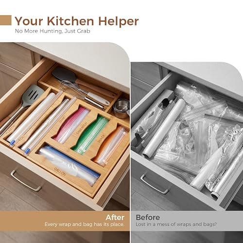 6-in-1 Bamboo Kitchen Drawer Organizer for Storage Bag, Foil & Plastic Wrap thumbnail 5
