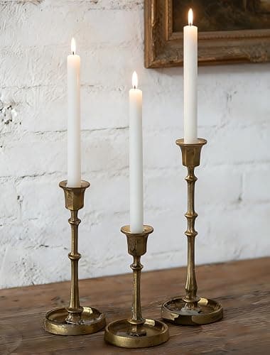 NUPTIO Cast Iron Taper Candle Holders, Set of 3 Antique Brass Candlesticks | Heavy Construction, Vintage Texture, Stable Candle Base, Fireplace Mantel, Table Decor - Image 1