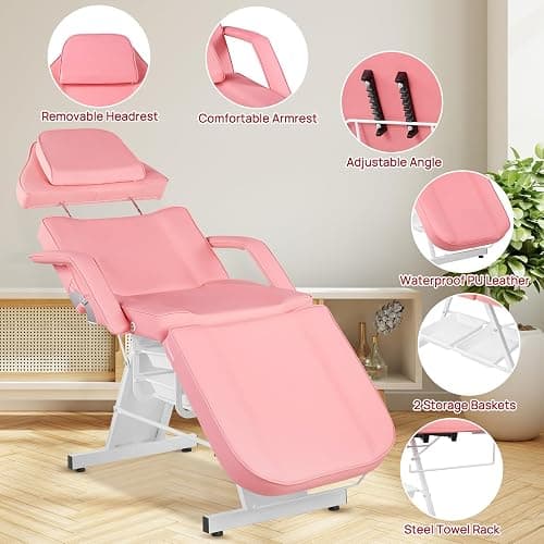 V VDLONSY Facial Chair Tattoo Chair 73inch Adjustable Massage Bed for Artist with Stool Facial Bed for Client Multipurpose Spa Chairs for Beauty Esthetician Pink thumbnail 6