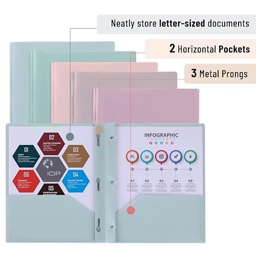 Mr. Pen- Plastic Folders with Pockets and Prong, 5 Pack, Muted Pastel Colors, Pocket Folders with Prongs and Fasteners, 2 Pocket thumbnail 4