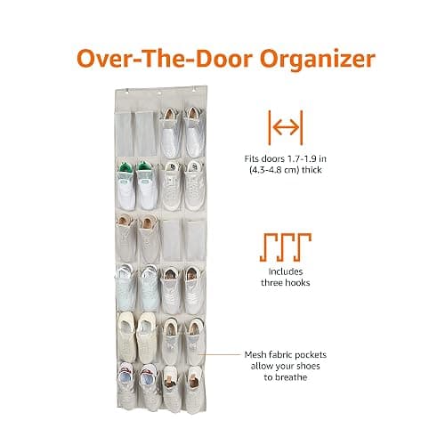 Amazon Basics 24 Medium Mesh Pocket Over-the-Door Hanging Shoe Organizer, Space Saving Shoe Storage, Light Grey | Over-the-Door, 24 thumbnail 3