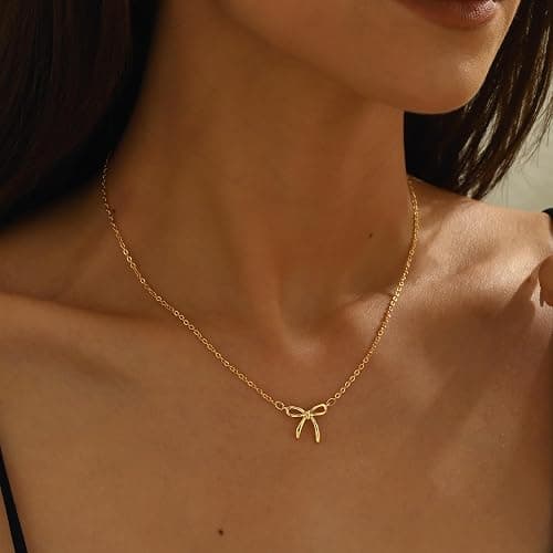 Treasure Bender Christmas Gifts Stocking Stuffers Bow Gold Necklace for Women Non Tarnish Dainty 14k Gold Plated Pendant Necklaces Trendy Cute Charm Bow Necklace Gold Jewelry for Women Birthday Gift thumbnail 3