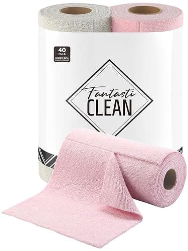 Fantasticlean Tear-Away Dish Cloth - 40 Sheets - 10'' by 10'', Reusable Washable Kitchen Towel Rolls, Super Absorbent and Thick Microfiber Cleaning Cloths (2 Rolls of Pink and Grayish) - Image 1