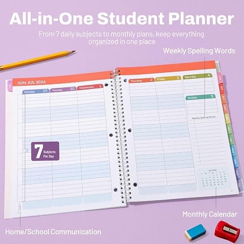 SUNEE Elementary Student Planner 2026-2027, Academic Year Jul. 2026 - Jun. 2027, 8.5"×11" School Planner, Weekly & Monthly Lesson Datebooks with 3-Hole Punched/Bookmark/Monthly Tabs, Colorful Balloon thumbnail 4