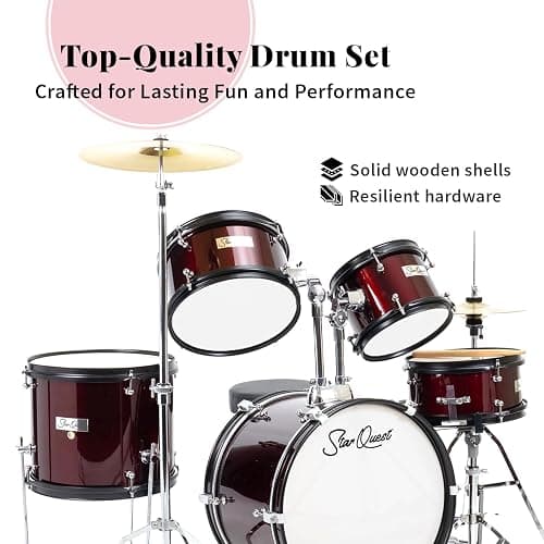 StarQuest SQ-DS-JR5-MWR 5-Pieces Drum Set for Beginners, Complete Junior-Sized Drum Kit Metallic Red Wine W/ 16"Bass, Drumsticks, Snare, Cymbal, Hi-Hat, Toms & Adjustable Stool thumbnail 4