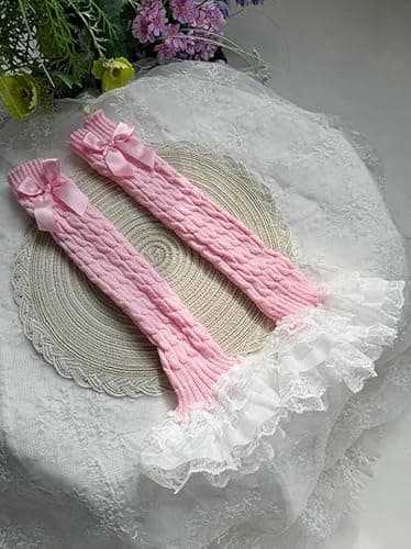 SQYZRZ Women's Knit Leg Warmers Y2K Knit Leg Warmers Lolita Bow Lace Trim Knee-High Leg Sleeve Socks thumbnail 5