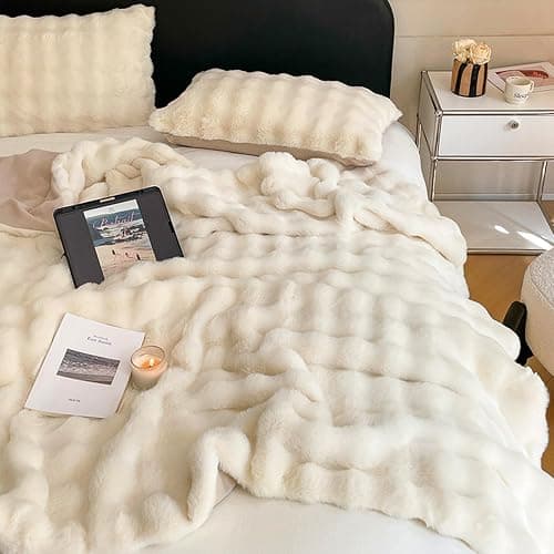 Luxury Thick Plush Faux Rabbit Fur Throw Blanket Ultra-Plush Cozy Soft Decorative Blanket Use for Couch Bed Travel(Beige,60"*80") thumbnail 3