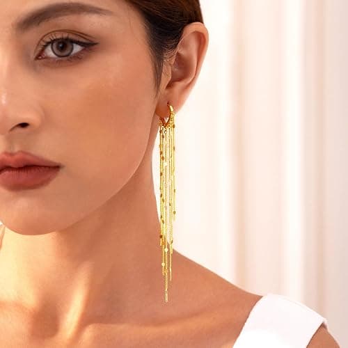 Gold Dangle Earrings for Women 14K Plated Long Tassel Earring | Gold Chain Dangling Earrings Trendy Drop Prom Earring Lightweight Statement Earrings Party Jewelry thumbnail 2