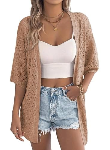 EVALESS Women's Crochet Knit Cardigan Sweaters Short Sleeve Open Front Kimonos Boho Cardigans Tops Lightweight Vacation - Image 1