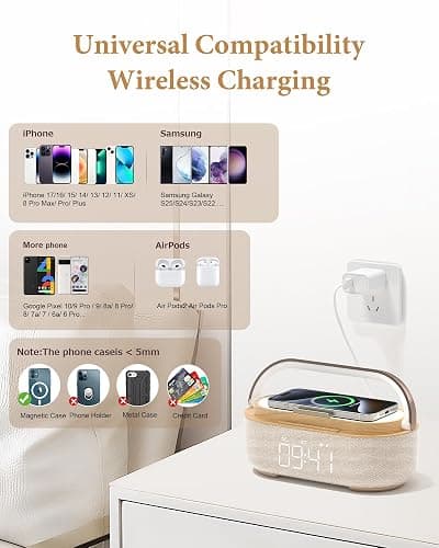 COLSUR Bluetooth Speaker Alarm Clock with Wireless Charger, FM Radio, Adjustable LED Night Light, 6 in 1 Bedroom Portable Speaker 2500mAh, Phone Stand for Bedside, Home, Office, Gift thumbnail 7