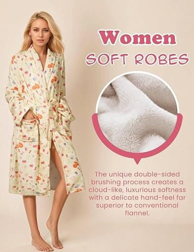 Women Fleece Plush Robes Floral Fruit Print Soft Flannel Bathrobe Christmas Robe Long Bath Robe for Women thumbnail 4