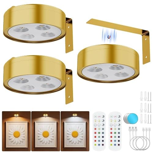 Bawoo 3Pcs Picture Lights for Wall RGB Magnetic Rechargeable Wall Lights,Wireless Battery Operated Art Lights for Paintings,Remote, Dimmable, Timer,Stick On Display Lamp,Poster Light,Puck Light,Gold - Image 1
