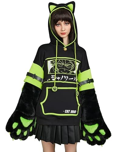 Micotaku Women's Miraculous Cat Noir Pullover Hoodie Detachable Furry Cat Paw Gloves Handbag Hooded Sweatshirt - Image 1