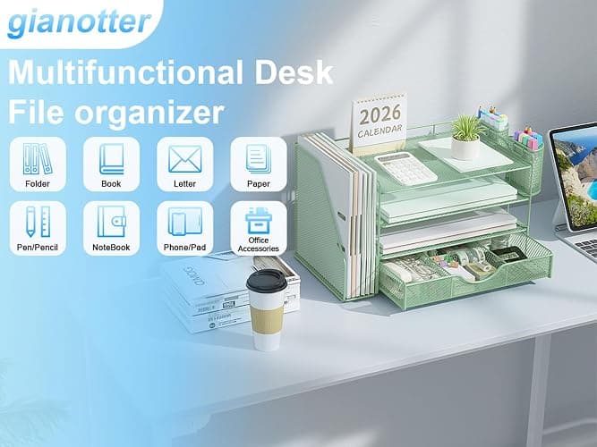gianotter 4-Tier Desk Organizer with Drawers, File Holders, Letter Trays and Pen Holders - Workspace Accessories for Office Supplies (Sage Green) thumbnail 6