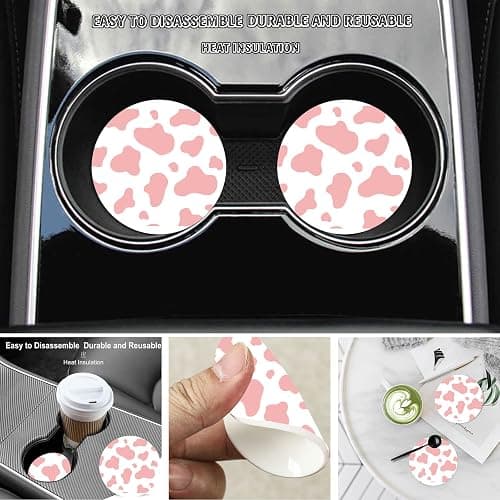 Pink Cow Print Steering Wheel Cover for Women Men with 2 Pcs Car Coasters, Universal 14.5-15 Inch Rainbow Steering Wheel Covers Non-Slip Car Accessories for Girls thumbnail 2