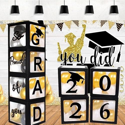 2026 Graduation Party Decoration Black Balloon Boxes with Letters 2026 Grad & So Proud of You and 20 pcs Ballons thumbnail 7