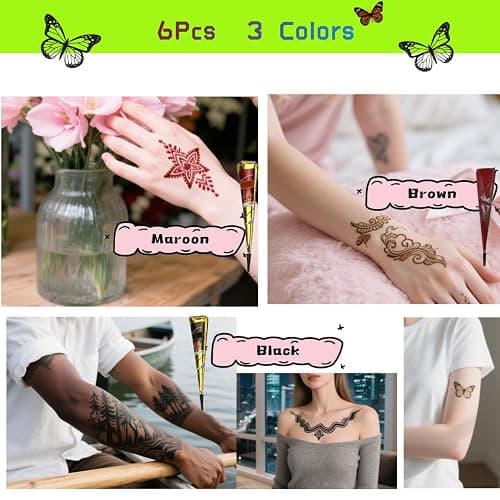 Temporary Tattoos Kit - Large 12 Sheets Temporary Tattoo Stencil Kit - 78 Unique Tattoo Designs - 6 Pcs (Brown/Black/Maroon) Ink with Paint Brush for DIY Body Art - Tattoos for Women Men Kids thumbnail 4