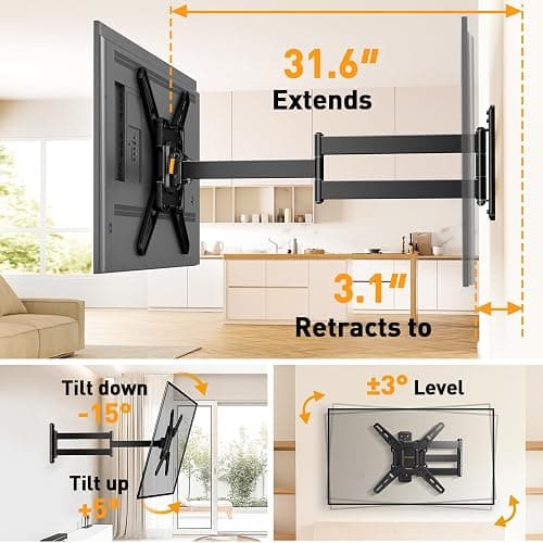 Perlegear Long Arm TV Wall Mount for 26-70 inch TVs up to 100 lbs, Corner TV Mount Bracket with 31.65” Extension, Swivel, Tilt Articulating Arms, Max VESA 400x400mm, Full Motion Wall Mount PGMF25B thumbnail 5