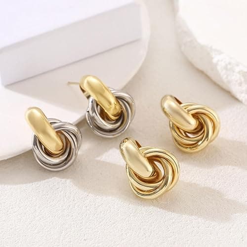 14K Gold Plated Knot Earrings for Women Gold Silver Earrings Heart Link Drop Dangle Earring Chunky Golden Knotted Statement Jewelry thumbnail 5