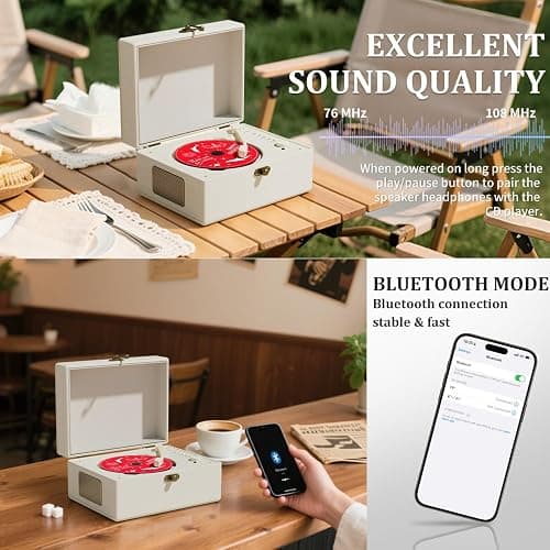 Yintiny Rechargeable Leather CD Player with Speakers, Bluetooth Transmitter, Festival Gift, BGM Player for Home Decor., white thumbnail 5