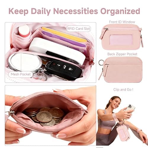 Shanejorin Phone Wrist Strap with Dual Pouch Keychain Wristlet Wallet for Women Small RFID Wallet with ID Window Coin Pouch Card Holder for Travel Dusky Rose thumbnail 4