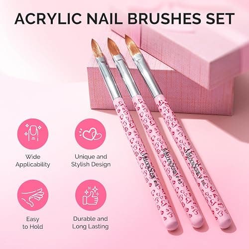 MelodySusie 3-Piece Acrylic Nail Brush Set, Sizes 8/10/14, Pink | Professional Nail Art Tool for Acrylic Application, Powder, Extension & 3D Carving thumbnail 3