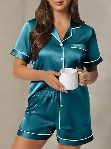 LILLUSORY Silk Satin Pajama Set for Women 2 Piece Lounge Pjs Winter Matching Summer Sleepwear Button Down Shirt Shorts thumbnail 7