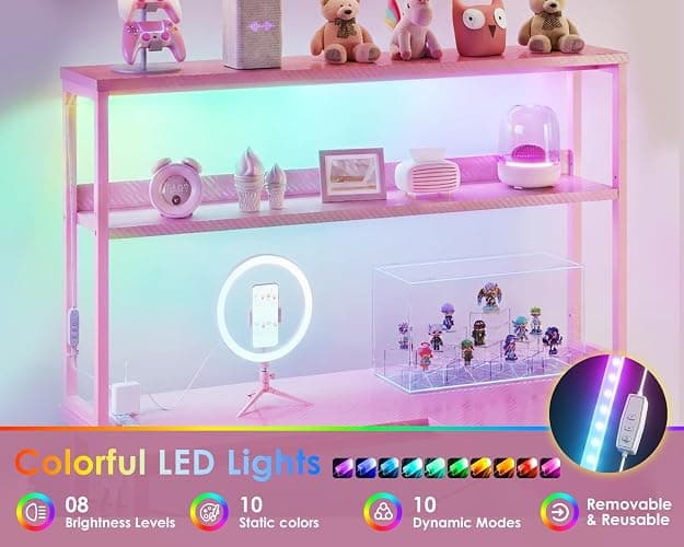 AODK L Shaped Desk Gaming Desk with LED Light & Power Outlet, 53 Inch Reversible L Shaped Computer Table with Shelf & Storage Bag & Hook for Home Office, Pink thumbnail 5