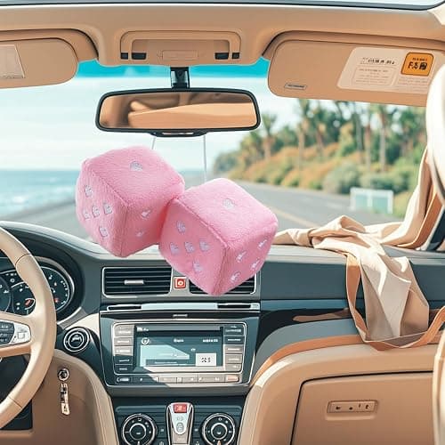 Heart Shaped Vintage Embroidered Fuzzy Plush Dice, Pair 3” Heart Shaped Hanging Dice Ornaments, New Car Decorative Vintage Accessories for Car Interior Rearview Mirror(Pink) thumbnail 2