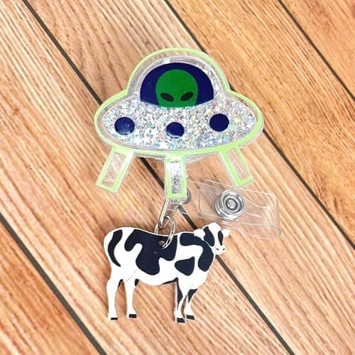 Cute UFO Cow Badge Reel Holder Retractable with ID Clip for Nurse Nursing Name Tag Card Funny Accessories with Alligator Clip Medical Assistant Office Student Work Hospital thumbnail 2