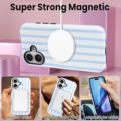 SOKAD Magnetic Vertical Stripes Phone Case for iPhone 17, Cute Light Blue Striped Line Pattern Compatible with Magsafe Matte Protective Case Cover with Screen Protector for Girls Women thumbnail 4