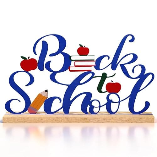 Back to School Metal Sign Table Decorations for Home Office Shelf Tabletop | First Day of School Classroom Teacher Party Supplies Freestanding Metal Word Sign 9.8x5.5 Inch - Image 1