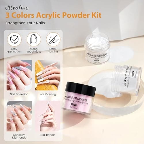 Kit Ongle Acrylique Gel Complet avec Main D'entrainement & Sac de Rangement | Poudre Acrylique Pour Ongles avec Poudres Acryliques, Lampe UV/LED, Ponceuse,12 Paillettes, D'autres Outils pour Débutantes thumbnail 4