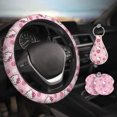 Kitty Accessories Car, Strawberry Pink Hello Cat Wheel Cover, Y2K Car Accessories, Girly Steering Wheel Cover, Universal Fit 14.5-15 inch Auto SUV Vans Trucks, Anti-Slip and Sweat Absorption - Pink thumbnail 6