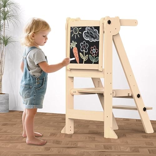 Foldable Toddler Tower, Wooden Toddler Kitchen Stool with 3 Adjustable Heights and Removable White/Blackboard, Montessori Foldable Learning Tower Kitchen Stool, Natural Wood thumbnail 2