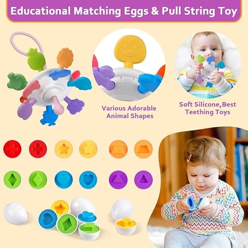 Weilim Baby Toys for 6 to 12 Months, Montessori Sensory Bins & Teething Toys, 6 in 1 Stacking Blocks, Rings, Eggs, Spinner, Crab Shape, 27 Pieces, Ages 6-36 Months thumbnail 6