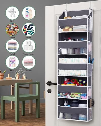 ULG 1 Pack Over Door Organizer with 5 Large Pockets 10 Mesh Side Pockets, 44 lbs Weight Capacity Hanging Storage Organizer with Clear Window Kids Toys, Shoes, Diapers, Dark Grey, 5 Layers thumbnail 7