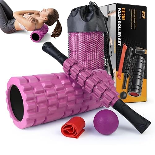 5 in 1 Foam Roller Set for Deep Tissue Muscle Massage, High Density Fitness Exercise Foam Roller, Massage Roller, Massage Ball, Resistance Band, for Whole Body (Pink-Black) - Image 1