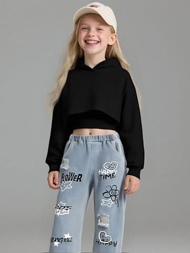 Voxikidio Size 5-10 Years Girls 3PCS Fashion Outfits Set - Cropped Hoodie + Cami Top + Printed Jeans 3-Piece Set thumbnail 7