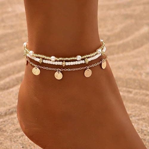 Qceasiy Shell Ankle Bracelet Set for Women, Gold Plated Boho Bead Adjustable Anklet, Hawaiian Beach Seashell Pearl Heart Starfish Conch Foot Jewelry Gifts thumbnail 4