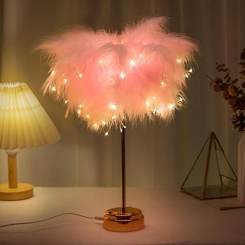 BDUSXYZ Pink Feather Lamp - LED Atmosphere Feather Night Lights Bedside Lamps for Mother, Girlfriend Home Girl Room Wedding Decoration thumbnail 8