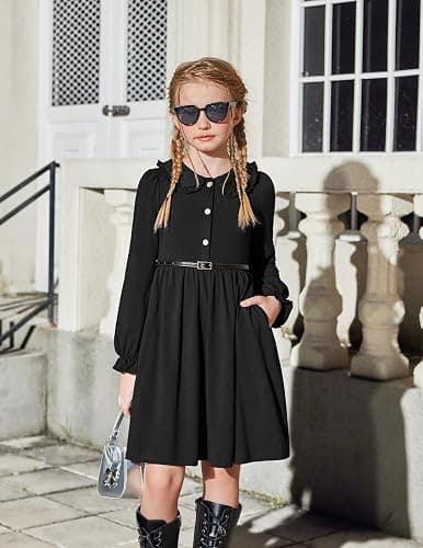 Arshiner Girls Long Sleeve Dress Fall Winter Ruffle Peter Pan Collar Front Button Casual Cotton Dresses thumbnail 2