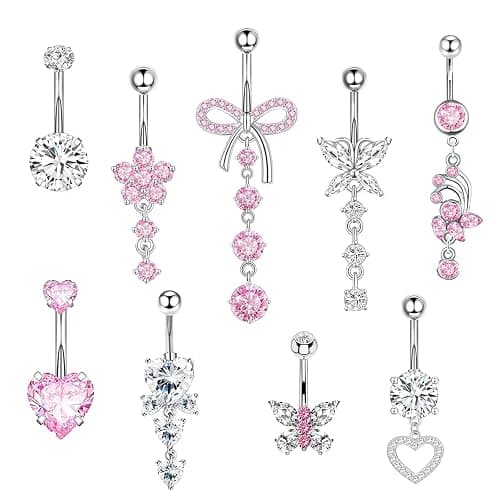 Eyezeeption Bauchnabelpiercing Chirurgenstahl, 9 Stück Piercing Bauchnabel Belly Piercing Bauchnabel piercing Set Nabelpiercing Bauchnabelpiercing Silber, Schmetterling Bauchnabel piercing Titan - Image 1