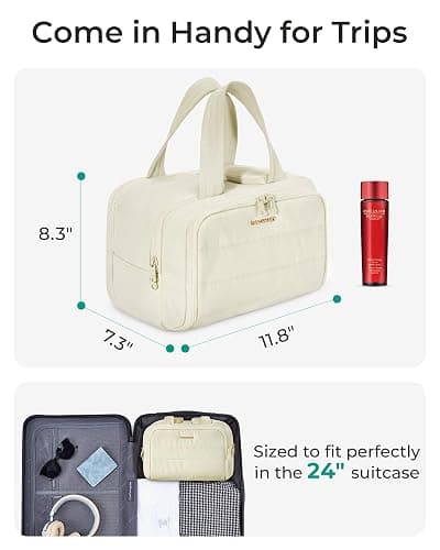 BAGSMART Travel Toiletry Bag, Crush Toiletry Bag for Women, Wide-open Puffy Toiletry Bags for Traveling, Large Travel Cosmetic Makeup Bag Organizer for Accessories,Toiletrie, Beige thumbnail 6