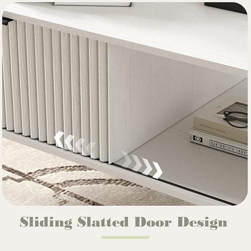 41.34''D Coffee Table, 2-Tiers Farmhouse Coffee Tables With Storage and Sliding Wave Pattern Door, Modren Tea Table, Wooden Dining Center Tables for Living Room, Office, Bedroom, Outdoors, White - White thumbnail 6