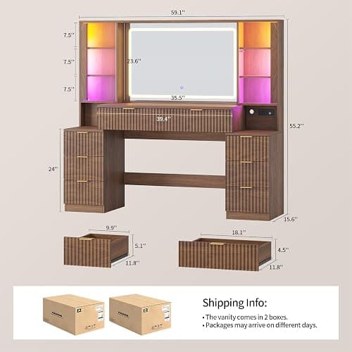 HAUOMS Big Vanity, Fluted Wood Makeup Vanity Desk with Mirror and Sound Sync LED Lights, Large Vanity Dressing Table, 8 Drawers, Charging Station for Girls, Women (Walnut, 59.1" Width) thumbnail 2